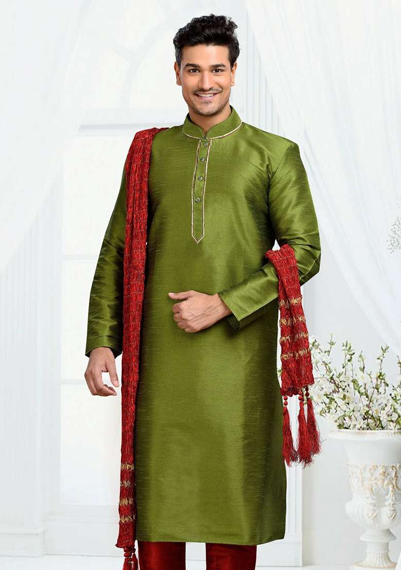 Mehendi Green Machine Embrodiery Dupion Silk Kurta For Men - Indya