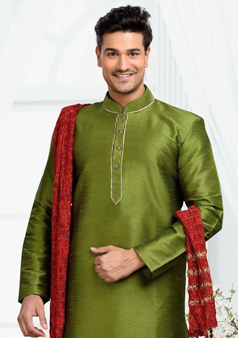 Mehendi Green Machine Embrodiery Dupion Silk Kurta For Men