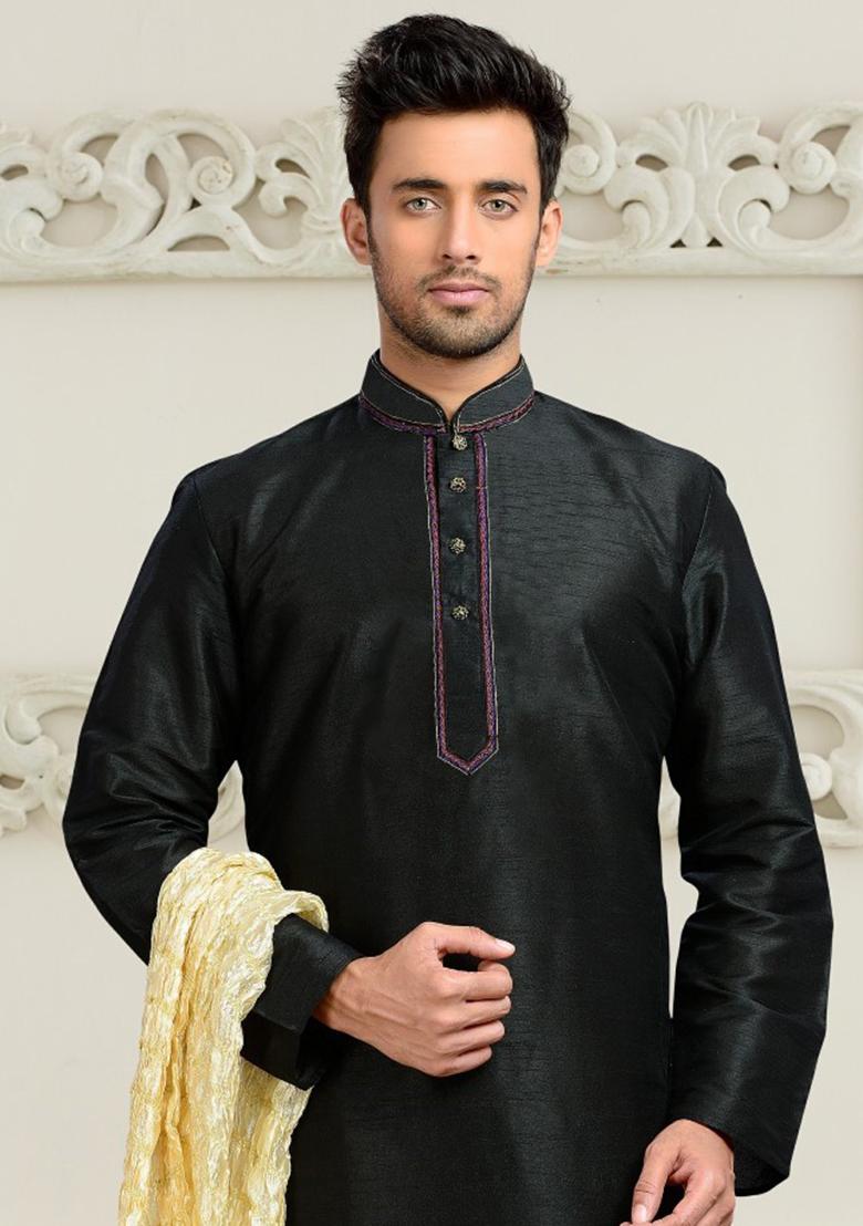 Black Machine Embrodiery Dupion Silk Kurta For Men
