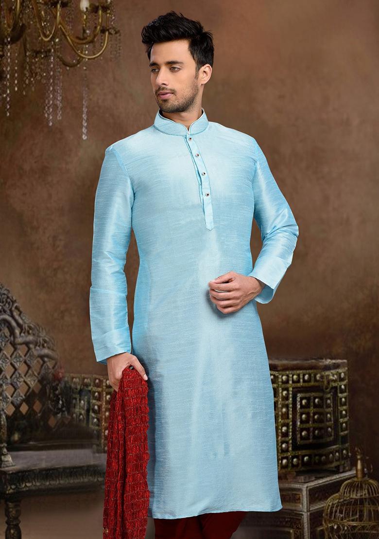 Light Blue Plain Dupion Silk Kurta For Men