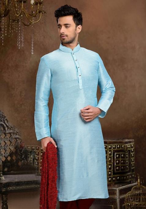 Light Blue Plain Dupion Silk Kurta For Men