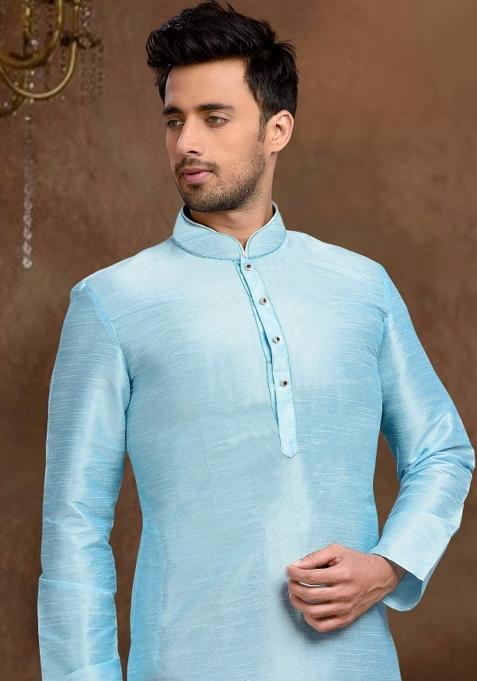 Light Blue Plain Dupion Silk Kurta For Men