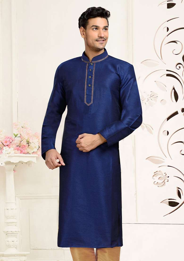 Navy Blue Machine Embrodiery Dupion Silk Kurta For Men - Indya