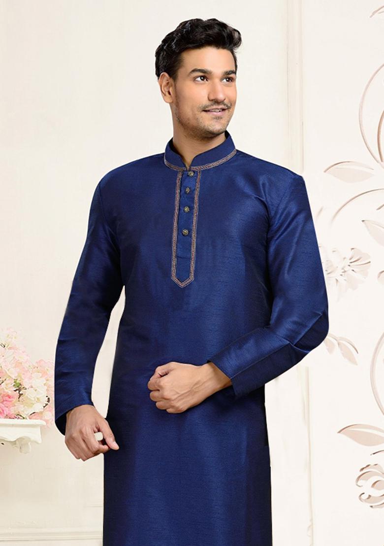 Navy Blue Machine Embrodiery Dupion Silk Kurta For Men