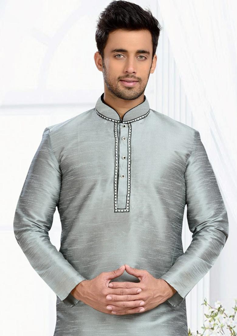 Grey Machine Embrodiery Dupion Silk Kurta For Men