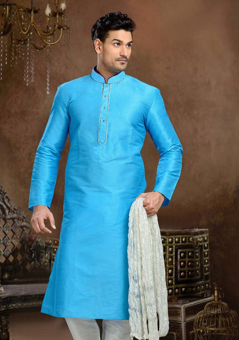 Light Blue Machine Embrodiery Dupion Silk Kurta For Men