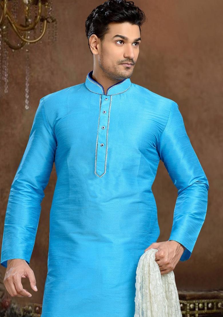 Light Blue Machine Embrodiery Dupion Silk Kurta For Men