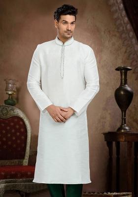 White Machine Embrodiery Dupion Silk Kurta For Men