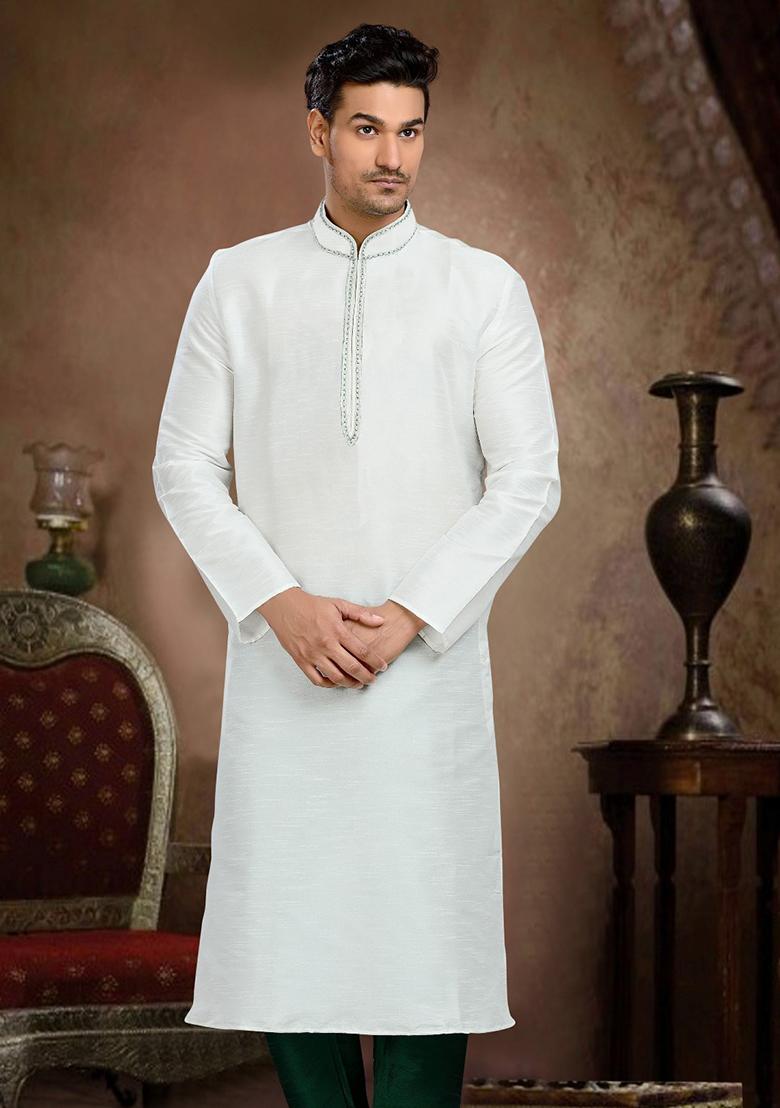 White Machine Embrodiery Dupion Silk Kurta For Men