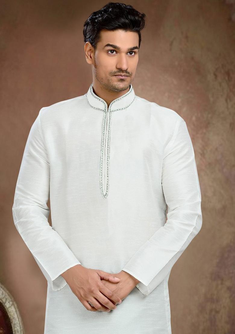 White Machine Embrodiery Dupion Silk Kurta For Men