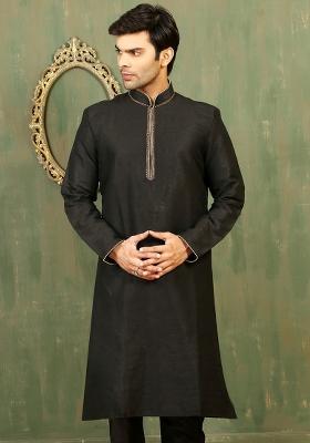 Black Machine Embrodiery Dupion Silk Kurta For Men