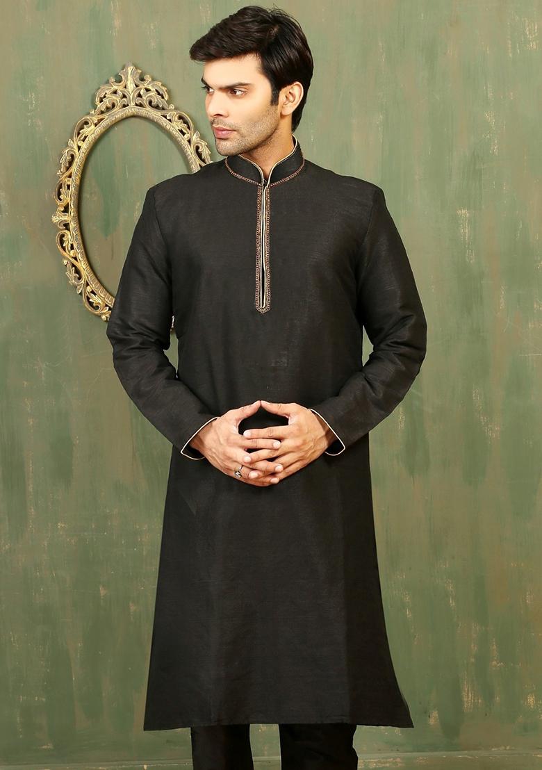 Black Machine Embrodiery Dupion Silk Kurta For Men