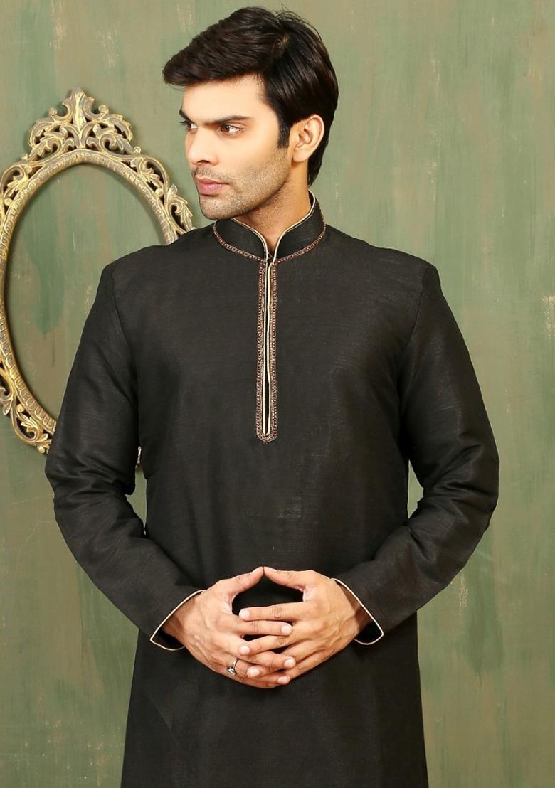 Black Machine Embrodiery Dupion Silk Kurta For Men