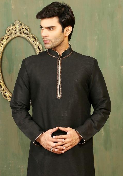 Black Machine Embrodiery Dupion Silk Kurta For Men