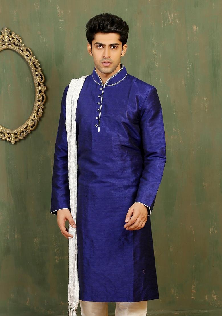 Royal Blue Machine Embrodiery Dupion Silk Kurta For Men