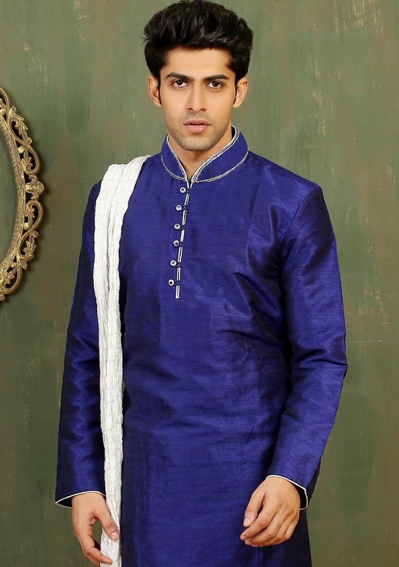 Royal Blue Machine Embrodiery Dupion Silk Kurta For Men