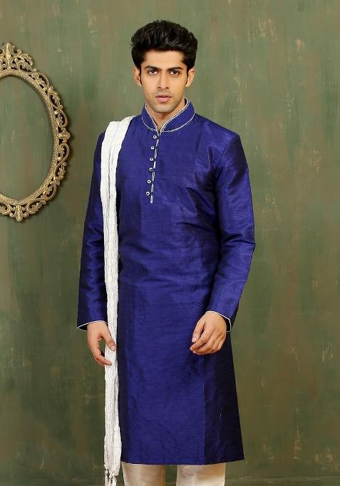 Royal Blue Machine Embrodiery Dupion Silk Kurta For Men
