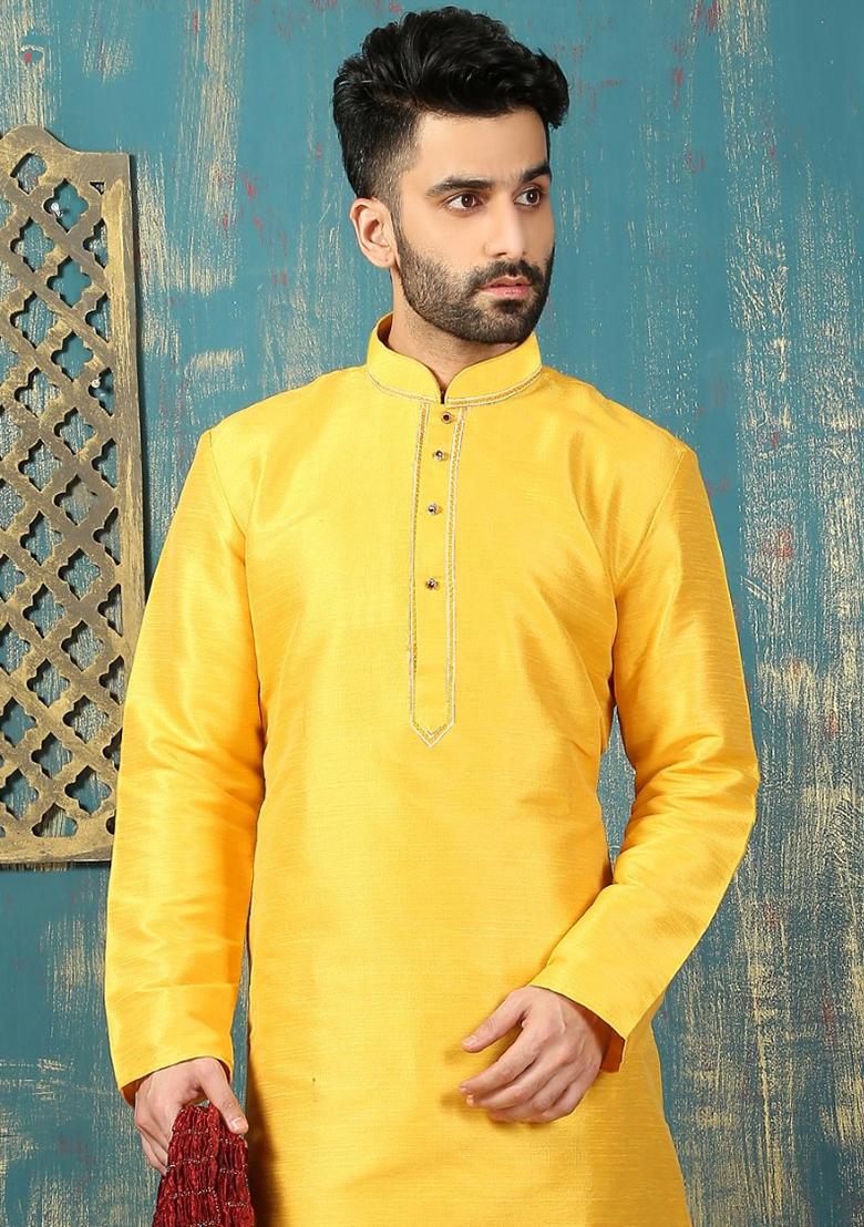 Yellow Machine Embrodiery Dupion Silk Kurta For Men