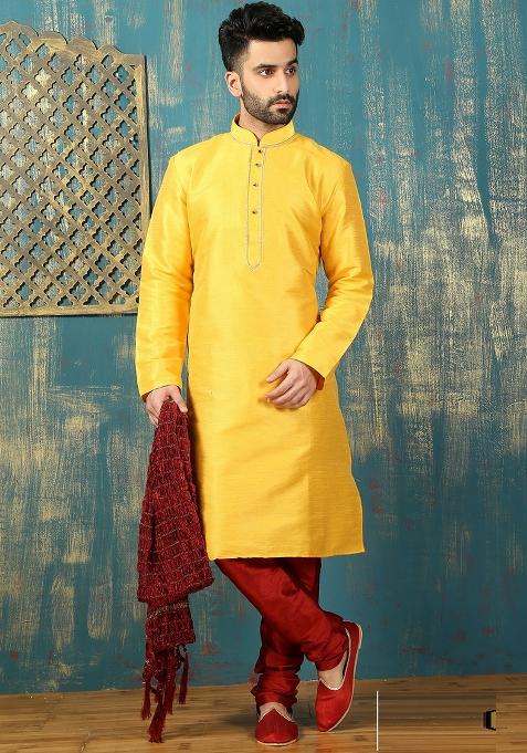 Yellow Machine Embrodiery Dupion Silk Kurta For Men