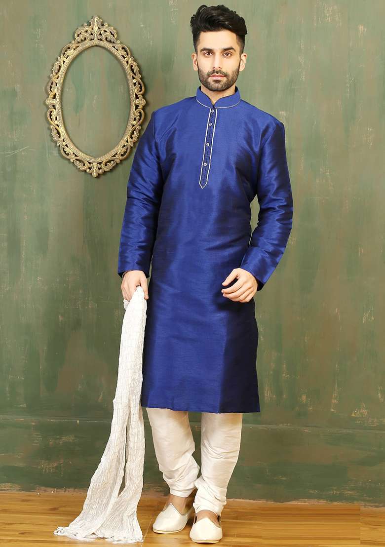 Royal Blue Machine Embrodiery Dupion Silk Kurta For Men - Indya