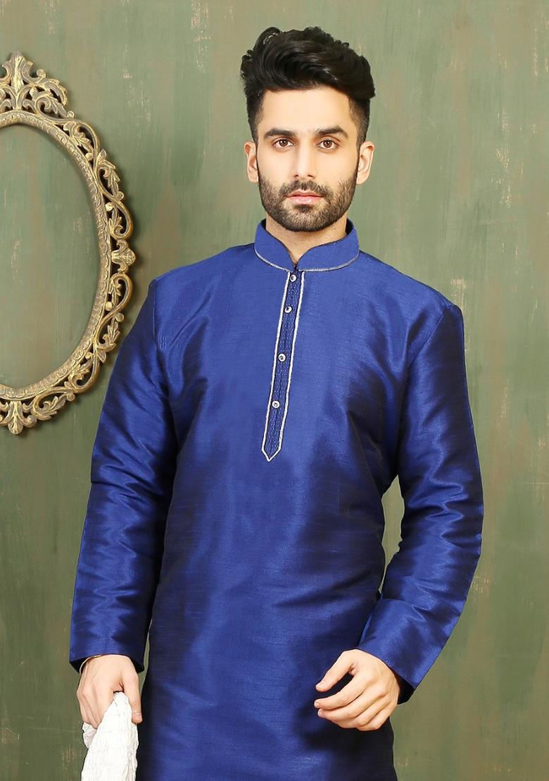 Royal Blue Machine Embrodiery Dupion Silk Kurta For Men