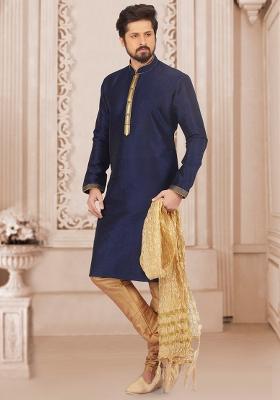 Navy Blue Machine Embrodiery Dupion Silk Kurta For Men