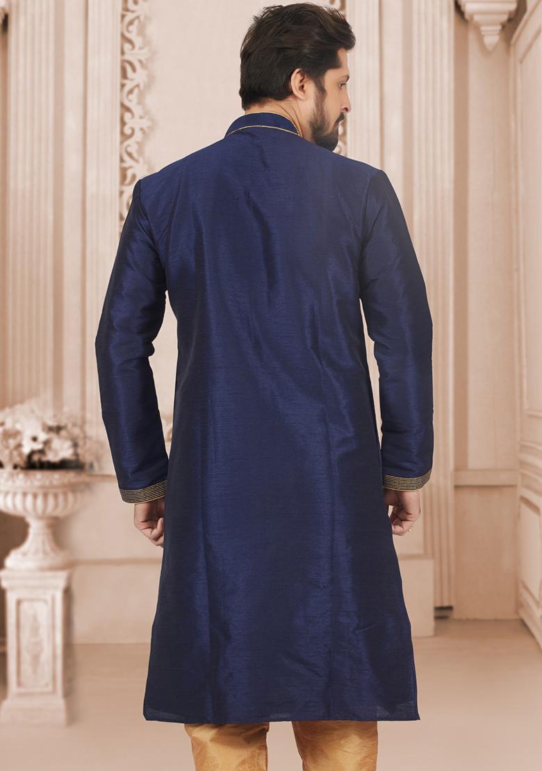 Navy Blue Machine Embrodiery Dupion Silk Kurta For Men