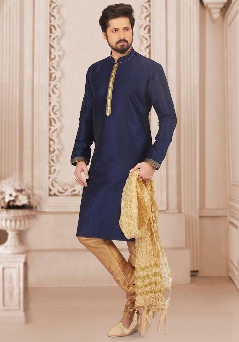 Navy Blue Machine Embrodiery Dupion Silk Kurta For Men