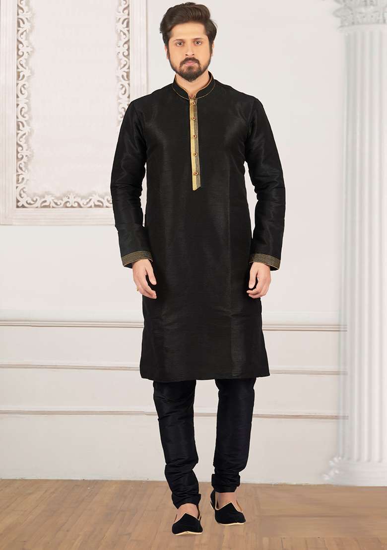 Black Machine Embrodiery Dupion Silk Kurta For Men - Indya