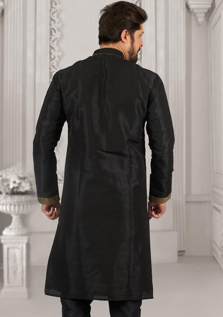 Black Machine Embrodiery Dupion Silk Kurta For Men