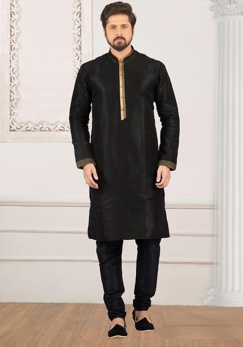 Black Machine Embrodiery Dupion Silk Kurta For Men