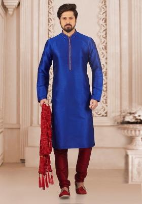 Royal Blue Machine Embrodiery Dupion Silk Kurta For Men