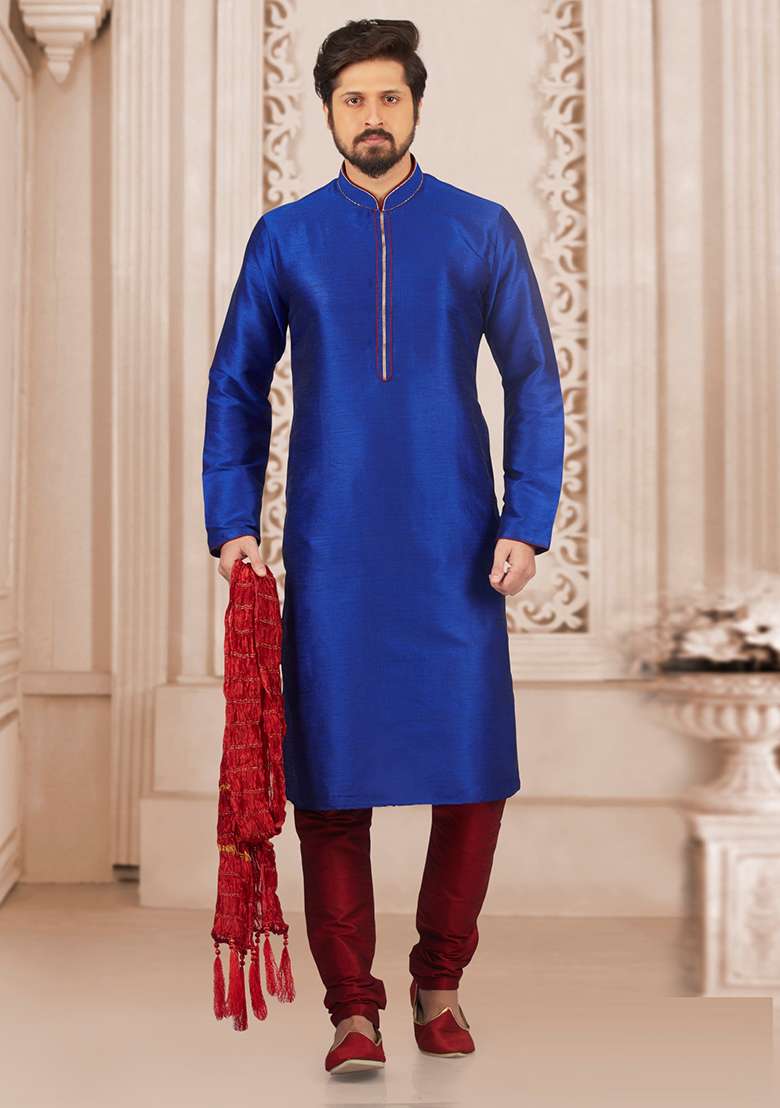 Royal Blue Machine Embrodiery Dupion Silk Kurta For Men - Indya