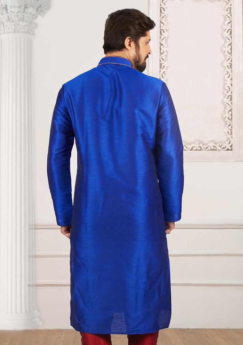 Royal Blue Machine Embrodiery Dupion Silk Kurta For Men