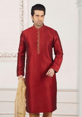 Maroon Machine Embrodiery Dupion Silk Kurta For Men