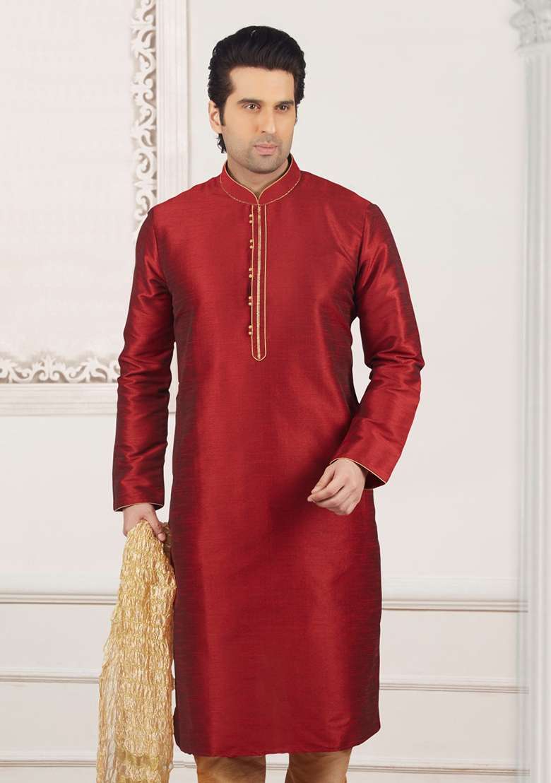 Maroon Machine Embrodiery Dupion Silk Kurta For Men - Indya