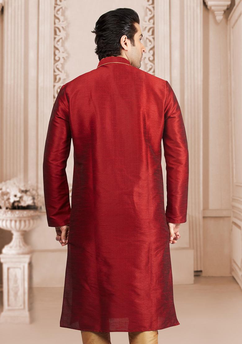 Maroon Machine Embrodiery Dupion Silk Kurta For Men