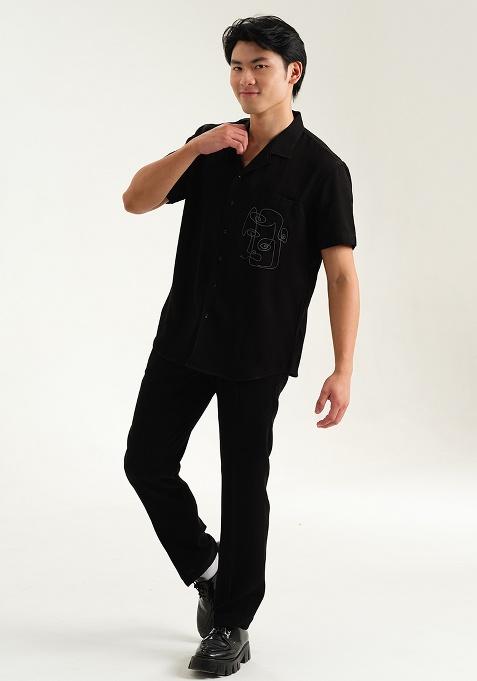 Black Embroidered Rayon Shirt For Men