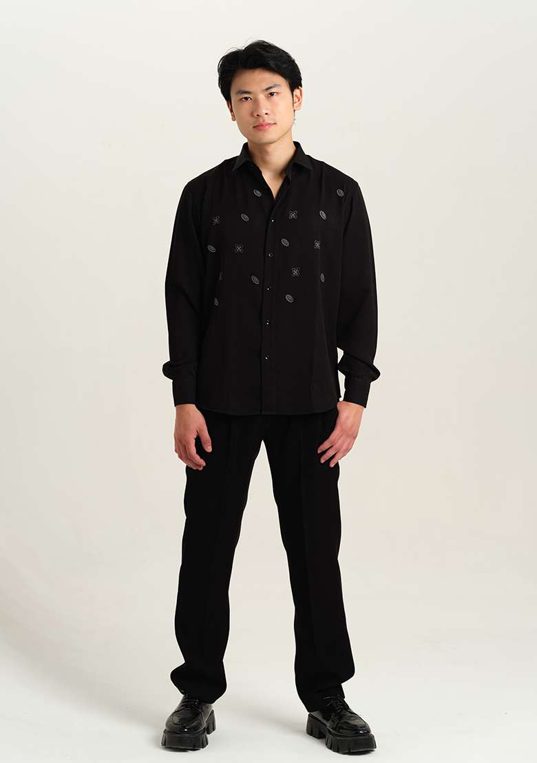 Black Embroidered Rayon Shirt For Men - Indya