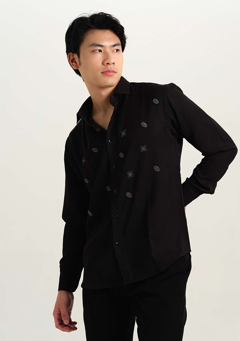 Black Embroidered Rayon Shirt For Men - Indya