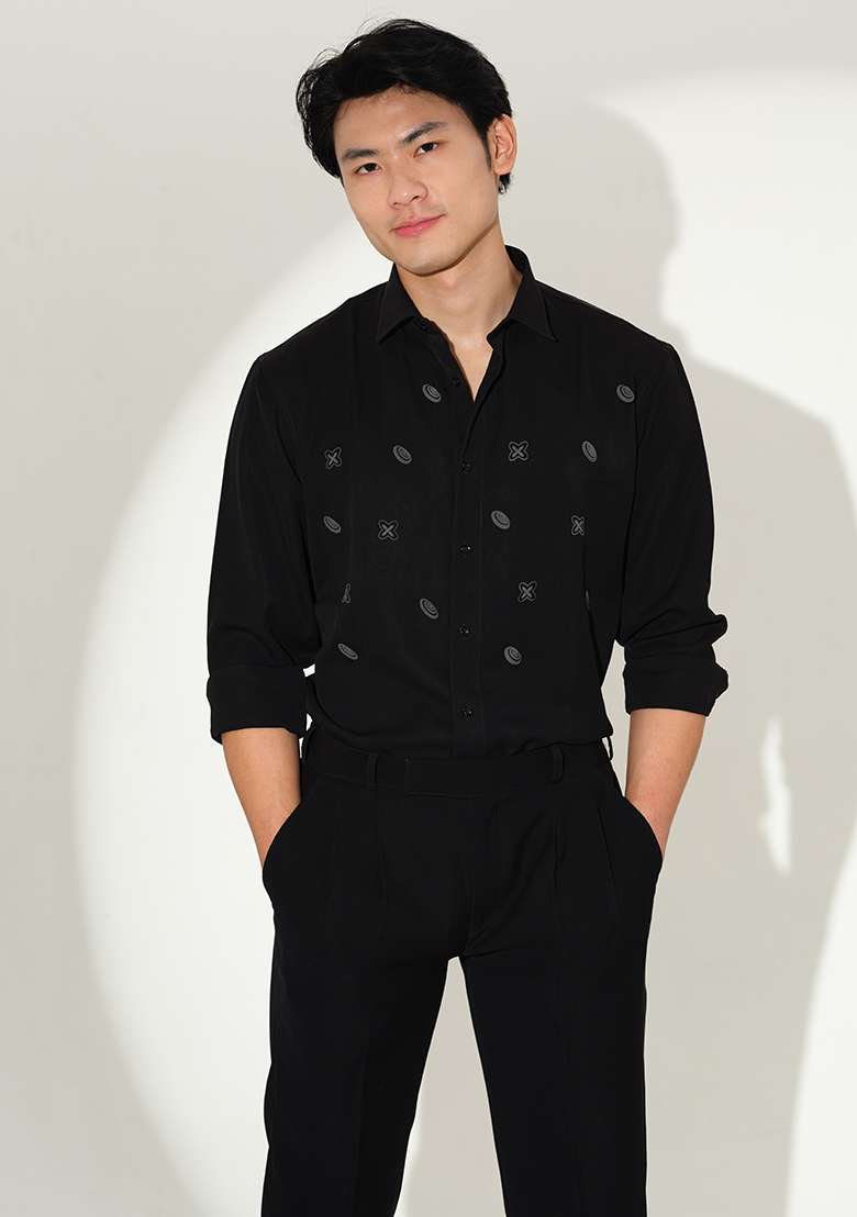 Black Embroidered Rayon Shirt For Men - Indya