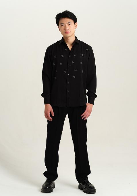 Black Embroidered Rayon Shirt For Men