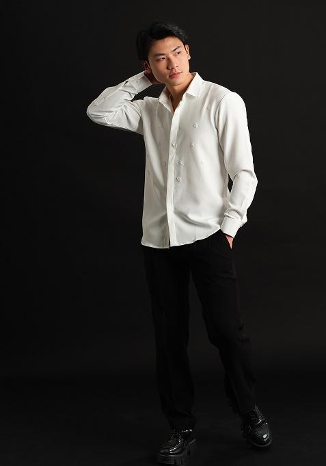 White Embroidered Rayon Shirt For Men