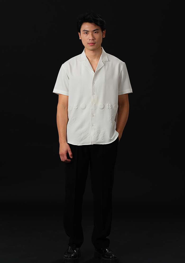 White Embroidered Rayon Shirt For Men - Indya