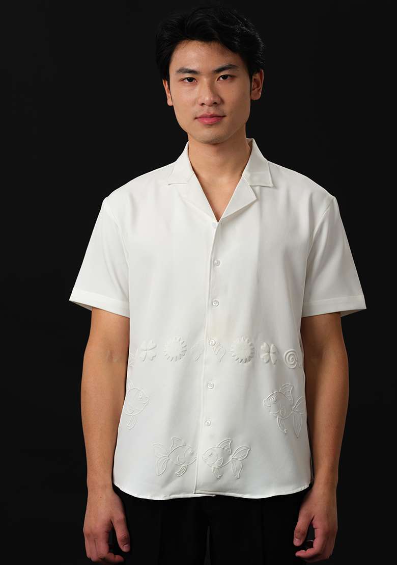 White Embroidered Rayon Shirt For Men - Indya