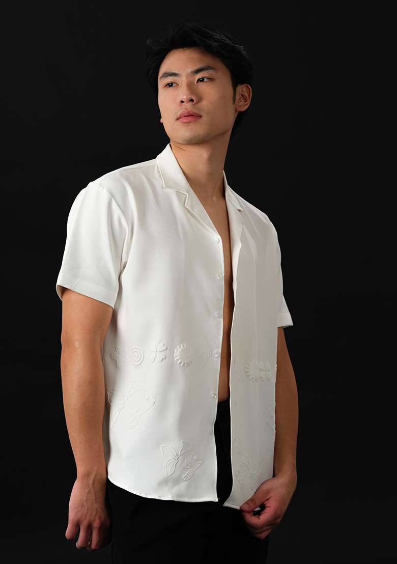 White Embroidered Rayon Shirt For Men - Indya