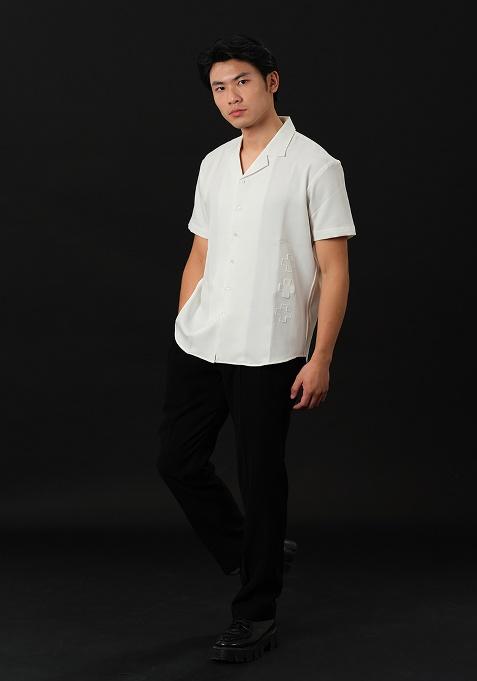 White Embroidered Rayon Shirt For Men