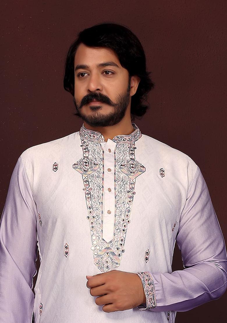 Lavender Embroidered Silk Kurta Set For Men