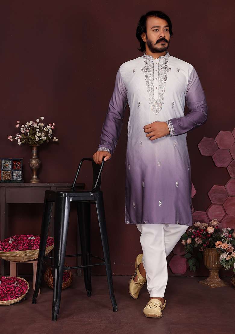 Dark Lavender Embroidered Silk Kurta Set For Men - Indya