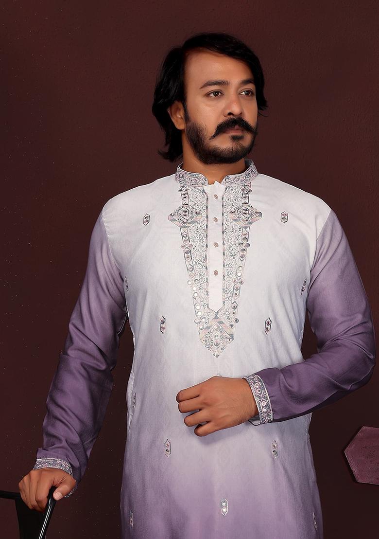 Dark Lavender Embroidered Silk Kurta Set For Men